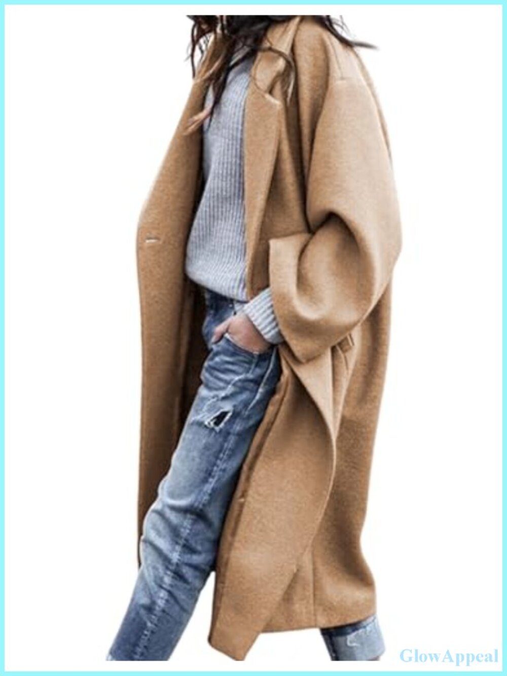 Oversized Wool Blend Double Breasted Long Pea Coat with Welt Pockets